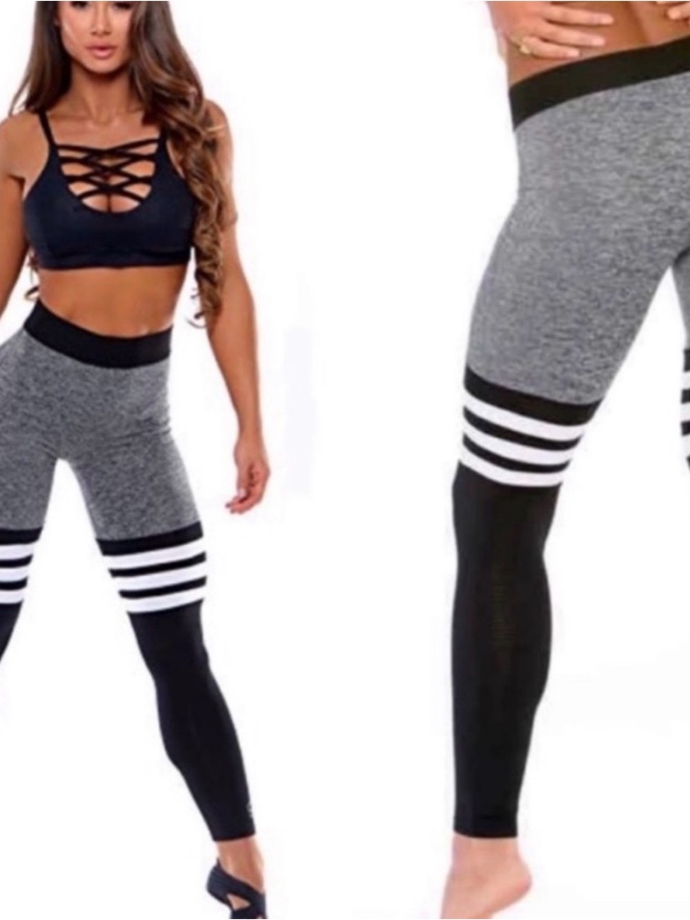 Bombshell sportswear thigh high sock Grey & Black Striped High-Waist Leggings